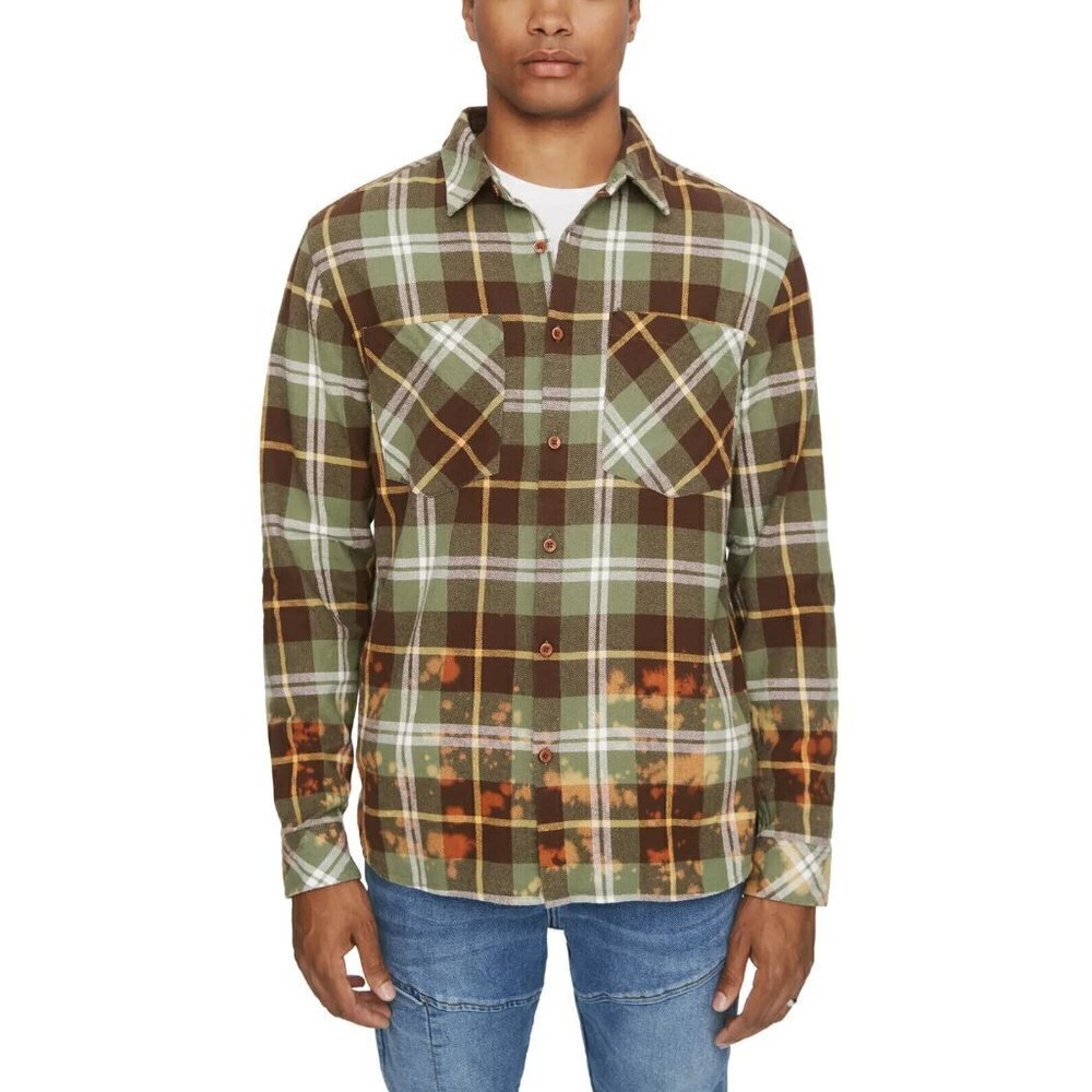 Eleven Paris Mens BNWOT plaid "deep lichen" green flannel shirt button up